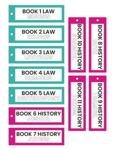 four bookmarks with the names of books in pink and teal