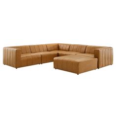 a brown leather sectional sofa with ottoman and footstool in front of a white background