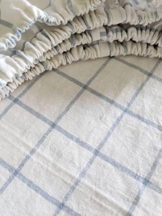 the blue and white checkered bedspread has ruffled edges