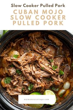 slow cooker pulled pork is shown with text overlay