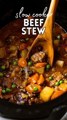 beef stew in a slow cooker with a wooden spoon and title overlay reads slow cooker beef beef stew