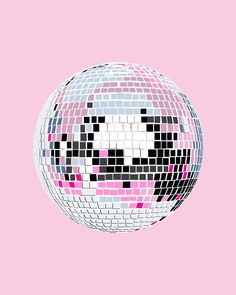 a white and pink disco ball with a panda face on it's side against a pink background