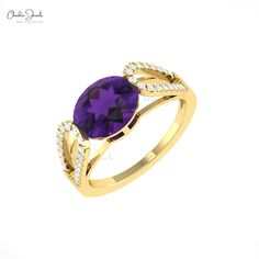 Description Discover elegance with our Delicate 3 CT Oval Cut Amethyst Gemstone and Diamond Bypass Ring in 14k Solid Gold. Perfectly crafted, this exquisite piece features a stunning amethyst complemented by sparkling diamonds. An ideal gift for her, symbolizing love and sophistication. Product Details SKU CJ R 1829 AY Product dimension - Metal 14K Solid Gold Birthstone February Amethyst Details Size 10x8mm Quality AAA Pieces 1 Weight 2.45carats Stone setting Prong Enhancement None Diamond Detai