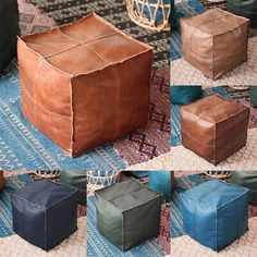 several different types of foot stools sitting on a rug