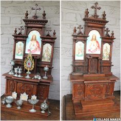 an old wooden altar with pictures on it