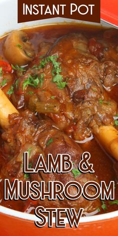 an orange bowl filled with lamb and mushroom stew on top of a red table cloth