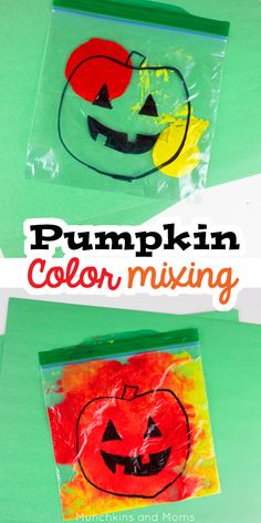 two bags with pumpkins painted on them and the words pumpkin color mixing in front of them