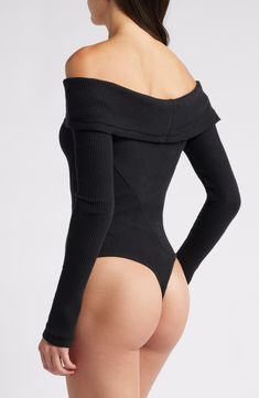 Date night is calling in this waffle-stitch bodysuit designed in a shoulder-baring silhouette with a dramatic neckline fold. Off-the-shoulder neck Long sleeves 98% cotton, 2% elastane Machine wash, line dry Imported Ribbed Bodysuit For Night Out, Chic Ribbed Bodysuit For Night Out, Off-shoulder Stretch Bodysuit For Fall, Stretch Off-shoulder Bodysuit For Fall, Ribbed Party Bodysuit, Fall Stretch Off-shoulder Bodysuit, Boy Activewear, Bodysuit Designs, Waffle Stitch