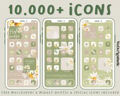 two iphones with flowers on them and the words 10, 000 + icons below