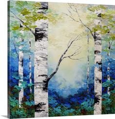 an abstract painting of trees with blue and green leaves