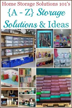 some shelves and bins with various items on them in the same room, including storage containers