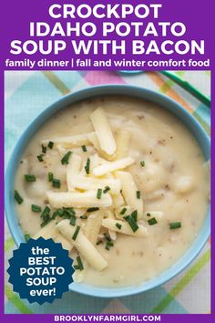 overhead shot of a blue bowl with creamy potato soup with cheese and chives on top Potato Soup With Bacon, Crockpot Potato Soup, Crockpot Potato, Homemade Potato Soup, Family Dinner Recipe, Soup With Bacon, Potato Bacon Soup