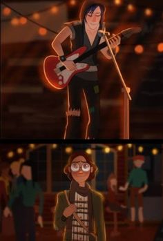 two cartoon images one with a guitar and the other with glasses