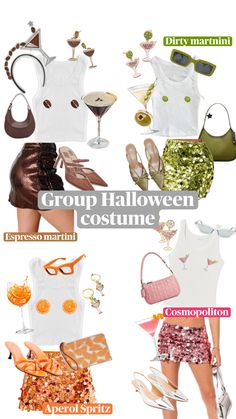 Group costume, haloween, martinis, girl group, accessories, outfit idea Lazy Halloween, Halloween Costume Idea, Halloween Party Outfits, Trendy Halloween Costumes, Kids Dress Up, Halloween Costume Outfits