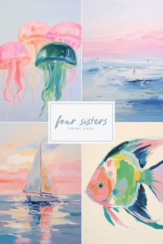 four paintings of jellyfish and boats in the ocean with text overlay that reads four sisters print shop