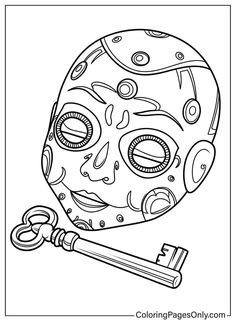 a coloring page with a mask and a baseball bat