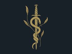 the cadus symbol is shown in gold on a black background, with a snake wrapped around it's neck