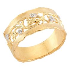 a yellow gold ring with diamonds on it