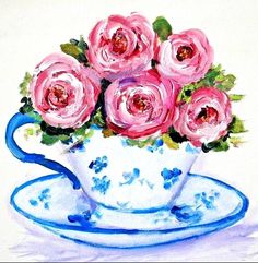 a painting of pink roses in a teacup