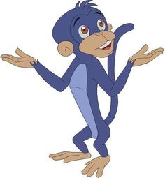 a cartoon monkey with his arms out and eyes wide open, standing on one leg