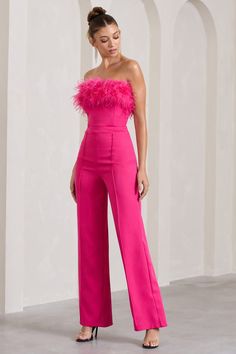 First Class Hot Pink Bandeau Feather Wide Leg Jumpsuit – Club L London - USA Slick High Bun, Hot Pink Jumpsuit, Hot Pink Jumpsuits, Pointed Pumps, Black Dress Prom, High Bun, Black Tie Gala, Strapless Bandeau, Pink Jumpsuit