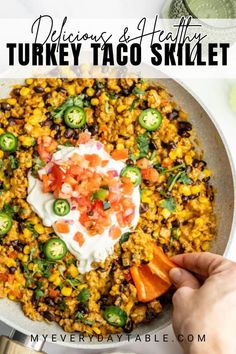 Make a healthy dinner tonight with this ground turkey taco skillet recipe. It has all of the classic taco flavors you love in a fun, cheesy meal that the whole family will love. Add this dish to your meal plan for a great source of protein and fiber, plus it can be ready in 15 minutes!