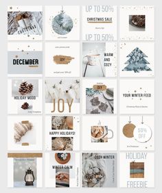 a collage of christmas cards with gold and silver decorations, snowflakes, pine cones, candles, ornaments