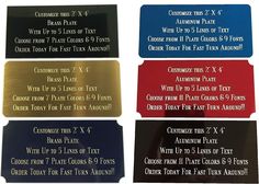 four different colored tags with names and numbers on them, all labeled in gold or silver