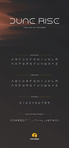 the font and numbers for dune rise are shown in white, black, and gold