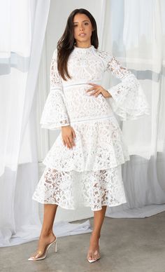 Chic Tiered Lace Maxi Dress, Chic Lace Tiered Maxi Dress, Elegant Tiered Lace Dress With Ruffle Hem, Tiered Midi Dress With Lace Trim, Tiered Lace Dress With Ruffles, Chic Tiered Ruffle Lace Dress, Chic Tiered Lace Dress With Ruffles, Chic Tiered Lace Dress, Lace Trim Midi Dress For Brunch