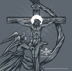 the crucifix with two angels and an angel above it, in black and white