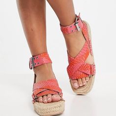 Leather Pink Espadrilles Brand: Asos - New With Tags Size: 8 Super Comfortable, Great For Summer Color: Pink And Red Red Leather Casual Espadrilles, Spring Red Leather Espadrilles, Pink Leather Espadrilles For Spring, Red Leather Espadrilles For Spring, Brown Espadrilles, Leopard Espadrilles, Pink Espadrilles, Tan Espadrilles, Strap Sandals Heels