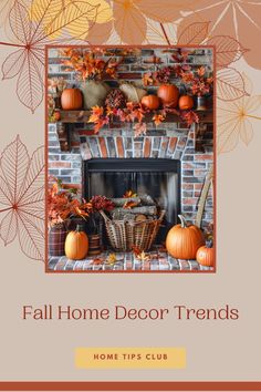 the fall home decor trend with pumpkins and leaves in front of a brick fireplace