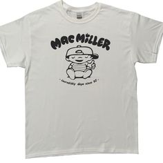 a white t - shirt that says mac miller on the front and has an image of a