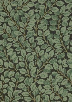 a green and brown wallpaper with leaves on it's sides, in an ornate pattern