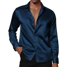 Brand New 95% Polyester, 5% Elastane Button Closure Hand Wash Or Machine Wash Cold, Do Not Soak And Expose To The Sun, Steam Ironing Max 180 Fabric: Mens Satin Shirt Is Delicate, Shiny Fabric Exudes Elegance And Sophistication, Smooth Satin Finish Feels Great Against Skin, Lightweight And Draped Very Well, Nice Silky Comfy To Wear Match Tips: Satin Dress Shirt Is Long Enough To Tuck Into Pants Or To Leave Out And Hang Loosely, Whether Pair With Black Pants, Or With A Dress Suit Jacket Or Tuxedo Satin Dress Shirt Men, Mens Satin Shirt, Wedding Party Night, Satin Shirt Men, Satin Shirt Outfit, Navy Blue Dress Shirt, Silk Shirt Men, Night Out Club, Suit For Wedding