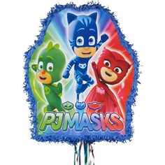 the pj masks balloon is hanging from a string on a white background with blue and red colors