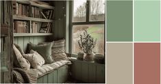 the color scheme is green, brown, and white with lots of bookshelves