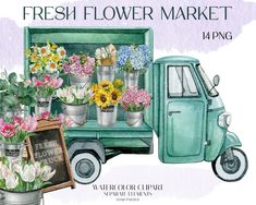 a watercolor painting of flowers in buckets next to a truck with a sign that says fresh flower market