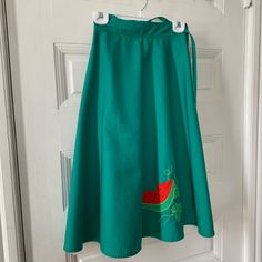 Rare, Flirty, Vintage Green Wrap Skirt With A Watermelon Embroidered Detail Is Perfect For Spring And Summer. No Care Instruction Tag Or Size Tag Attached. Machine Washable, And Able To Iron. Avoid Bleach. Never Worn By Me. Perfect Condition. Smoke Free Home. Green Embroidered Summer Skirt, Green Embroidered Skirt For Summer, Casual Green Embroidered Skirt, Green Wrap Skirt, Skirts Vintage, Green Watermelon, Midi Wrap Skirt, Green Wrap, Vintage Skirts