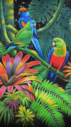 two parrots are sitting on a tree branch in the jungle, surrounded by tropical plants and flowers