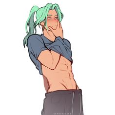 a drawing of a man with green hair and no shirt is posing for the camera