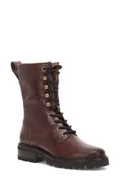 Create a bold, confident look with this burnished leather bootie grounded by a utilitarian lug sole. 1 1/2" heel; 3/4" platform Lace-up style; side zip closure Cushioned footbed Leather upper and lining/synthetic sole Imported Fall Lace-up Combat Boots With Buckle Closure, Abrasion-resistant Leather Combat Hiking Boots, Casual Lace-up Combat Boots With Zipper Closure, Brown Lace-up Combat Boots With Leather Sole, Outdoor Combat Boots With Zipper And Lace-up Closure, Womens Combat Boots, Lug Sole, Leather Booties, Up Styles