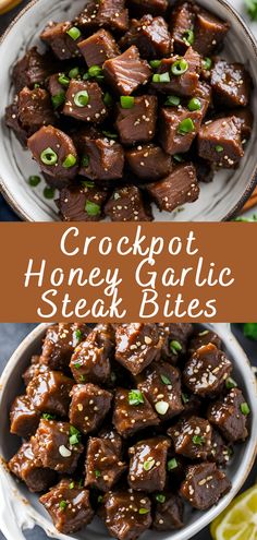 crockpot honey garlic steak bites in a white bowl with green onions on the side