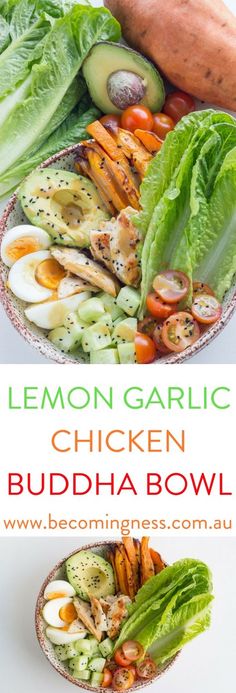 a bowl filled with chicken, lettuce and carrots next to some other vegetables