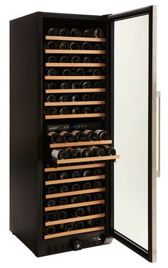 a wine cooler with many bottles in it