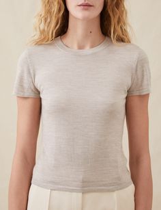 In a luxuriously soft, lightweight cashmere blend, this classic t-shirt has a rounded crew neckline, capped sleeves and a slim fit through the body. Wear it with The Relaxed Pants in Hammered Satin or The Tailored Trousers. Rounded neckline Capped sleeves Dry clean only 35% Cashmere, 35% Wool, 30% Silk Luiza wears a Small Height: 5'9½" (177 cm) | Bust: 33” (84 cm) | Waist: 26” (66cm) | Hips 36” (92cm) Fulfilled by Attersee Relaxed Pants, Silk T Shirt, Capped Sleeves, Rounded Neckline, Tailored Trousers, Crew Neckline, Round Neckline, Cap Sleeves, Classic T Shirts