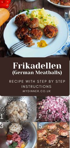 a collage of pictures showing different types of food and the words frikadetten german meatballs recipe with step - by - step instructions