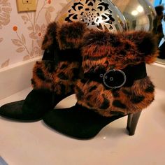 Perfect Condition. Never Worn, Only Tried On Then Stored For Years. Sz 10.5. No Box. Genuine Interior Fur Lining/ Fur Sleeves(Leopard Print). Suede Body. Zipper Closure. Heels Are 4" Winter Ankle Boots In Calf Hair, Elegant Brown Winter Booties, Brown Winter Party Booties, Brown Party Booties For Winter, Winter Party Brown Booties, Brown Heeled Boots With Round Toe For Evening, Brown Round Toe Heeled Boots For Evening, Evening Brown Heeled Boots With Round Toe, Brown Ankle Boot Heeled Boots For Evening