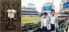 two men in suits standing next to each other at a baseball game and an image of the stadium